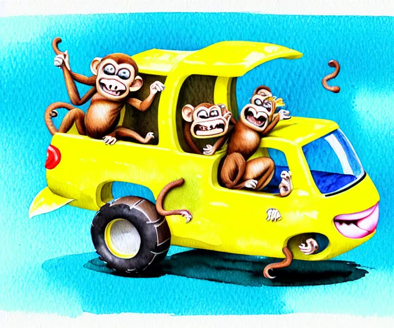 Prompt: cute and funny, monkey riding in a tiny banana boat truck, ratfink style by ed roth, centered award winning watercolor pen illustration, isometric illustration by chihiro iwasaki, edited by craola, tiny details by artgerm and watercolor girl, symmetrically isometrically centered