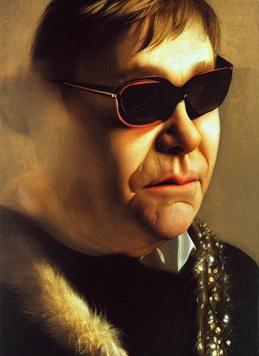 Prompt: portrait of elton john in a golden hour lighting, painted by the caravaggio, 8 k extremely realistic and highly detailed