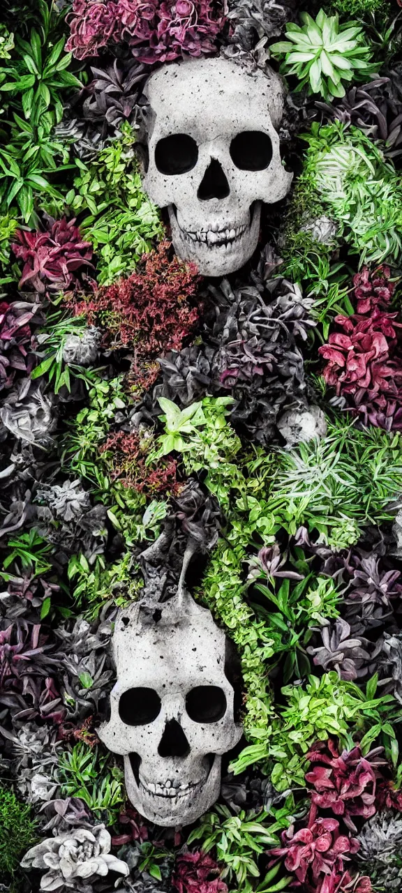 Image similar to robot skull degraded and filled with plants, stunning, 4 k, detailed,