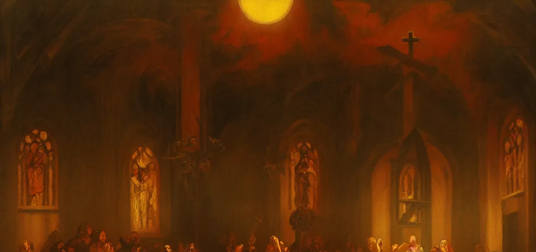 Prompt: baroque oil painting of satan in church, brutalist, dark fantasy, sunset, rule of thirds, digital cel shading, fake hidden detail, trending on pixiv fanbox