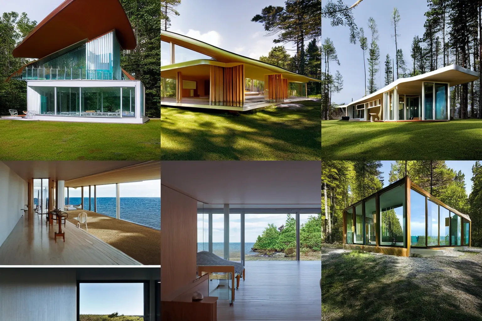 Prompt: a beautiful beachside villa made out of glass by alvar aalto