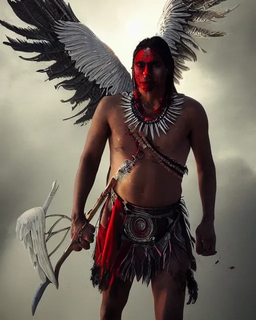 Image similar to a south american indigenous warrior with angelic wings, by tsuyoshi nagano, by greg rutkowski, dramatic lighting, blood, god rays, angelical, symmetrical, intricate, detailed, cinematic, masterpiece, extreme details, volumetric light