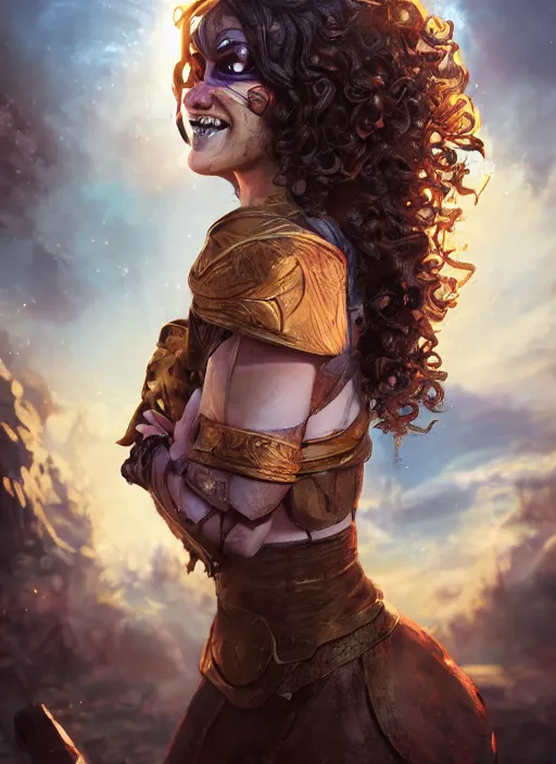 Prompt: an epic fantasy comic book style portrait painting of a girl wearing fantasy makeup with a mischievous smile and curly brown hair stepping out of a doorway with light shining behind her, unreal 5, daz, hyperrealistic, octane render, cosplay, rpg portrait, dynamic lighting
