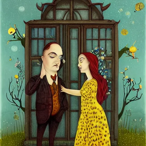 Image similar to a portrait of a woman standing infront of a window, she is happy and has lovely hair and eyes, a man is standing behind her with a look of suprise in his face, 🪴🌳🐝, 8 k, lowbrow, in the style of daniel merriam and alexander jansson,