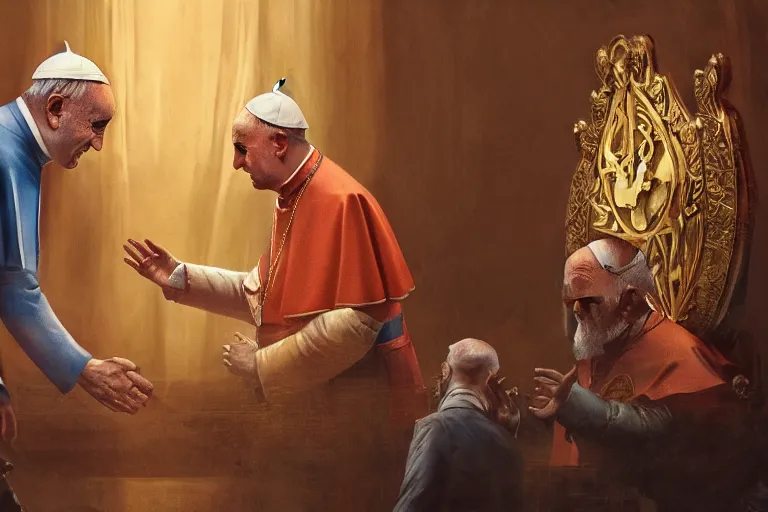 Prompt: the pope shaking hands with the evil, hyper detailed, orange red blue tones dramatic lighting, cgsociety, realistic, hyper detailed, insane details, intricate, dramatic lighting, hypermaximalist, golden ratio, rule of thirds, octane render, weta digital, micro details, ultra wide angle, artstation trending, 8 k