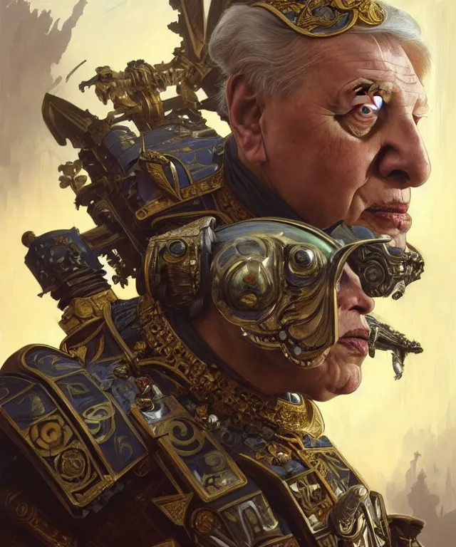 Image similar to Sir David Attenborough as Warhammer 40k Emperor, portrait, fantasy, intricate, elegant, highly detailed, digital painting, artstation, concept art, smooth, sharp focus, illustration, art by artgerm and greg rutkowski and alphonse mucha