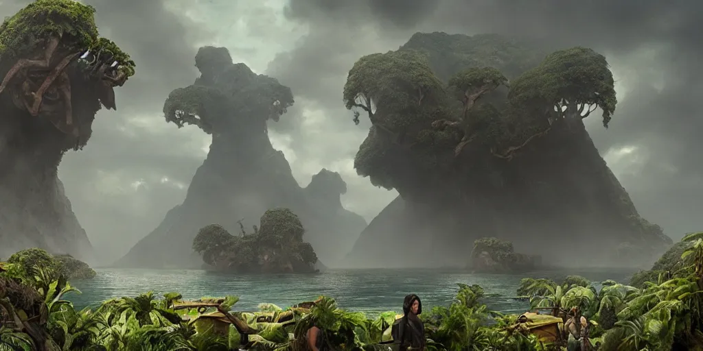 Prompt: screenshot from a movie, skull island, epic matte painting of a misty jungle island on choppy seas, cinematic cinematography masterpiece, skull, greg rutkowski, and ivan aivazovski, roger deakins