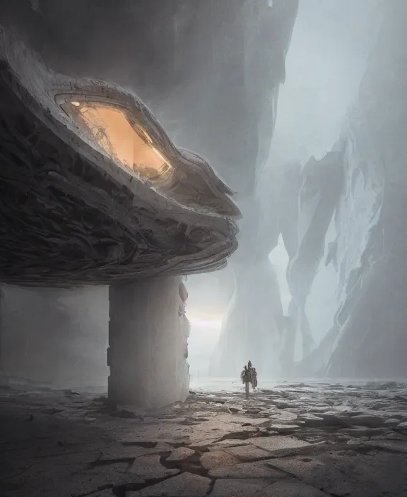 Prompt: surreal epic, masterpiece, romantic prometheus white exploration base, ancient ochre palette, building architecture by ruan jia, mecha floor, futuristic, blame, white architecture in the beach in iceland, foggy, highly detailed, digital painting, arstation, concept art, hyperealistic octane render, unreal engine
