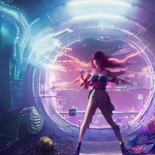 Prompt: a girl like yoona, in a glowing skirt, wearing cybernetic bunny ears, casting fire spell in shape of a snake, in the middle of round ruins, background cyberpunk spaceship, full shot, photo, geometries, Fibonacci, volumetric lighting, epic composition, intricate details, dark neon punk, by denis villeneuve , Greg Rutkowski and Alphonse Mucha