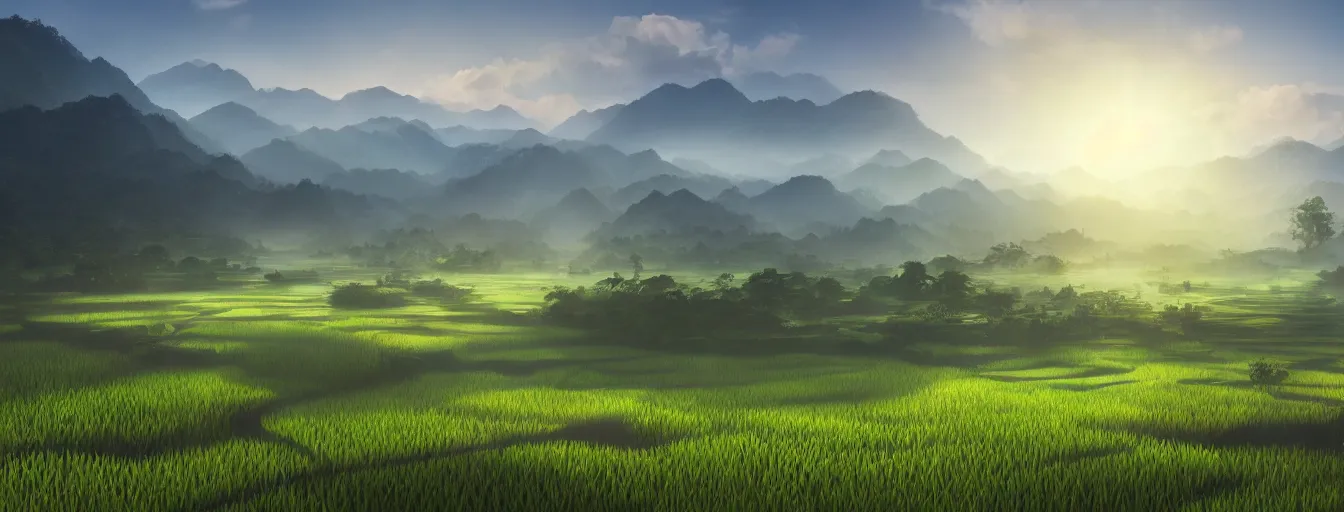 Image similar to Photo of paddy field of Yan, with several village and gunung jerai mountain at the background, wide angle, volumetric light, hyperdetailed, light water, artstation, cgsociety, 8k