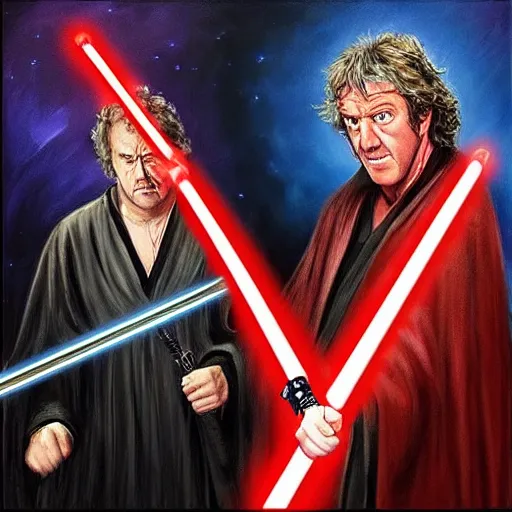 Image similar to “Jeremy Clarkson as a Sith dueling James may as a Jedi, with lightsabers, oil painting”