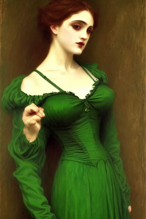 Image similar to victorian vampire in green dress, painting by rossetti bouguereau, detailed art, artstation