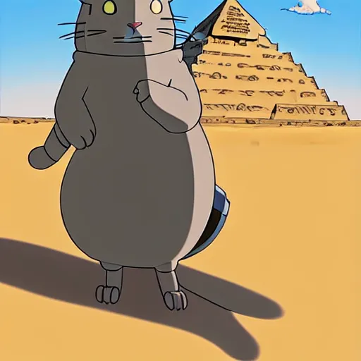 Image similar to a study of cell shaded cartoon of a mechanized grey cat from howl's moving castle ( 2 0 0 4 ), in front of pyramids on a desert road, full body, wide shot, very muted colors, post grunge, studio ghibli, laurie greasley, highly detailed, deviantart, art by artgem