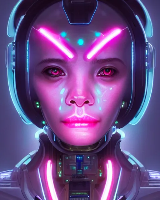 Prompt: one singular portrait of a cute bioluminescent cyborg alien, pulp scifi, highly detailed, digital painting, moody cinematic lighting, hyperrealism, dark retrowave, art by stanley lau and artgerm and magali villeneuve and alphonse mucha, artstation, octane render, cgsociety