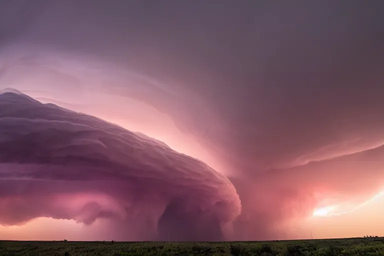 Image similar to a photo of a supercell thunderstorm, illuminated from various angles by the setting sun, cinematic