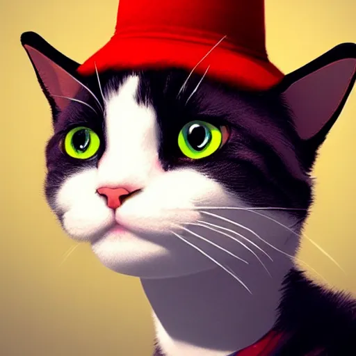 Image similar to a cute calico cat in a hat, artstation, cgsociety, storybook art