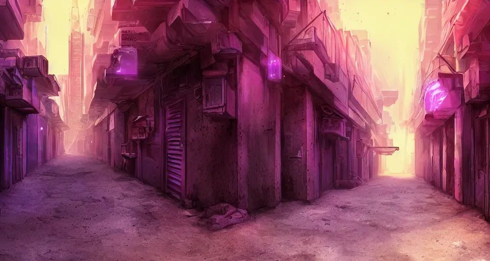 Prompt: Sci-fi wallpaper of an alley in a desert city, close-up view, purple color-theme, cinematic, science-fiction art wallpaper, stunning digital art