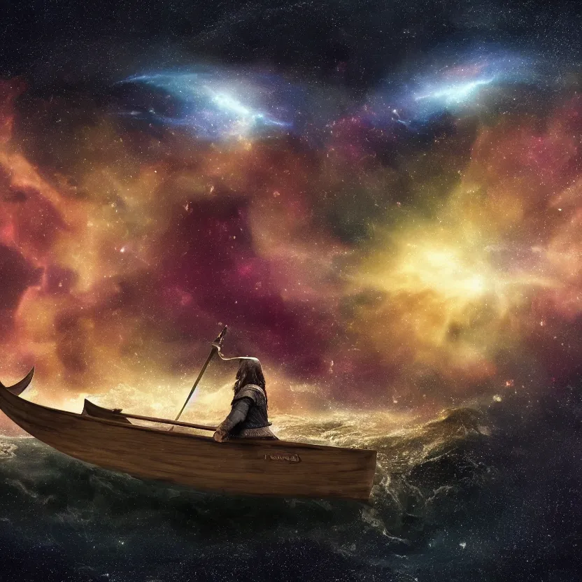 Image similar to a medieval viking longboat rowing through an ocean that is a nebula, several supernovae in the background, distant black hole ejecting a near light speed stream of matter across the scene