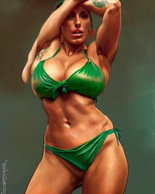 Image similar to Portrait of Jodie Marsh in a green & red bikini & a Spanish man in boxer shorts cooking sardines in Porto,real life skin, intricate, elegant, highly detailed, artstation, concept art, smooth, sharp focus, art by artgerm and greg rutkowski and alphonse mucha