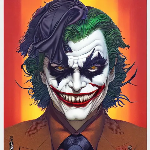 Image similar to portrait of joker, symmetrical, by yoichi hatakenaka, masamune shirow, josan gonzales and dan mumford, ayami kojima, takato yamamoto, barclay shaw, karol bak, yukito kishiro