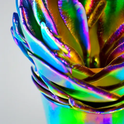 Image similar to An ultra high definition studio photograph of an alien flower in a simple vase on a plinth. The flower is multicoloured iridescent. High contrast, key light, 70mm.