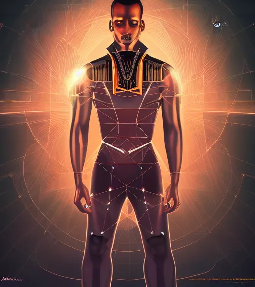 Image similar to symmetry!! egyptian prince of technology, solid cube of light, hard edges, product render retro - futuristic poster scifi, lasers and neon circuits, brown skin man egyptian prince, intricate, elegant, highly detailed, digital painting, artstation, concept art, smooth, sharp focus, illustration, dreamlike, art by artgerm