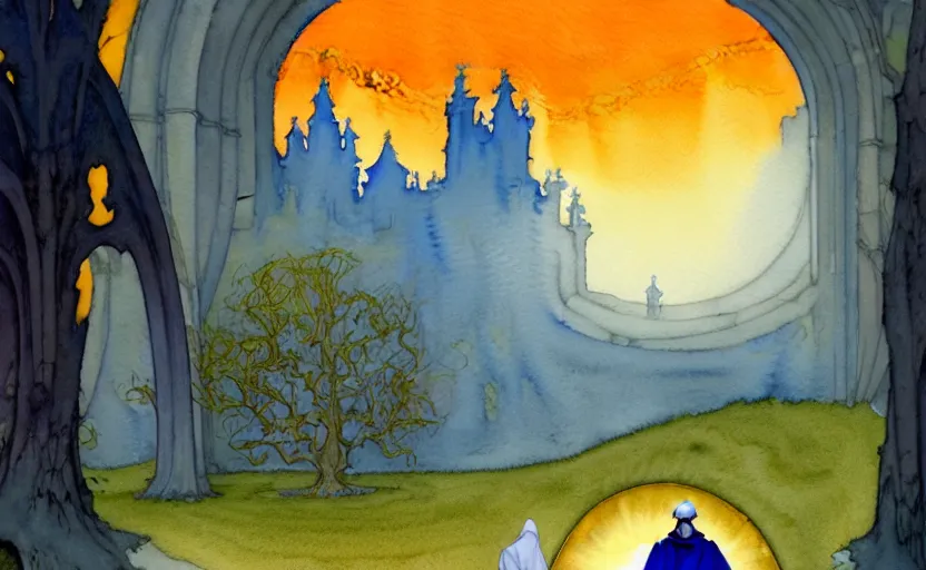 Prompt: a hyperrealist watercolor concept art of a bright blue sunny day. a dimensional portal in the shape of a tree arch is in the background and a medieval monk in grey robes is in the foreground. an orange sunset is seen through the portal. very muted colors, by rebecca guay, michael kaluta, charles vess. high detail, hq, wide shot, 4 k