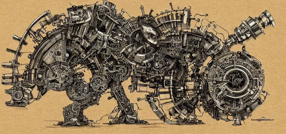 Image similar to mechagodzilla, steampunk automaton, mechanical, renaissance style drawing, alchmical sketch, mutant, detiled, clockwork, 4 k, fineart, anatomy of a machine, sketch by leonardo da vinci