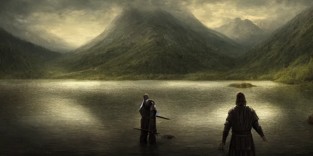 Prompt: beautiful landscape of small lake at midday with distant mountains and close - up of a symmetric detailed man in realistic detailed medieval armor facing off against a monster, ultra realistic, epic, highly detailed, hd, sharp focus, cinematic lighting, realistic, vivid colors, gritty, matt painting, digital art, non blurry, sharp, artstation, concept art, smooth, illustration