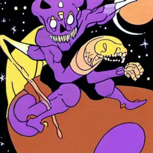 Prompt: skeletor from the he - man cartoon show riding an adorable black cat through outer space