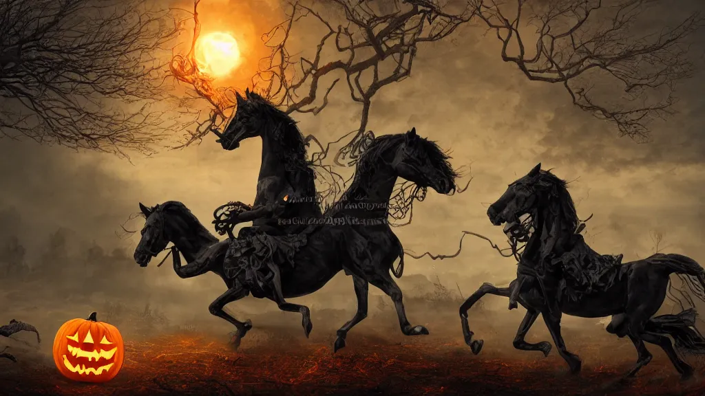 Image similar to rampant black horse with fiery eyes a headless colonial rider holds a jack - o - lantern, background gnarled trees and supermoon, in the styles of greg rutkowski, keith parkinson, and john quidor, intricate, detailed, volumetric lighting