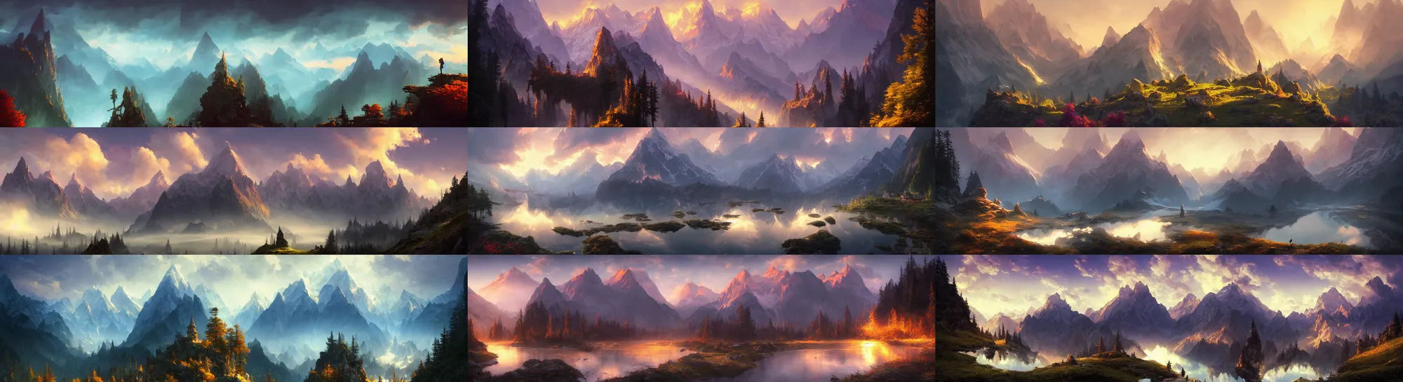 Prompt: beautiful fantasy alps landscape, godrays, magnificent, colorful reflections, diffuse lighting, luxury, detailed, sharp focus, close up, low angle, high detail, volumetric, illustration, cold lighting, by jordan grimmer and greg rutkowski, trending on artstation, pixiv