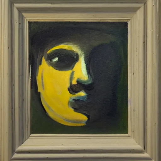 Prompt: a painting of a head on a bed in a little yellow house