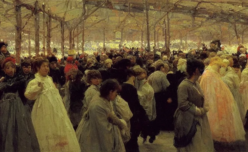 Image similar to high quality high detail painting by ilya repin, huge line of people fading into the background, hd