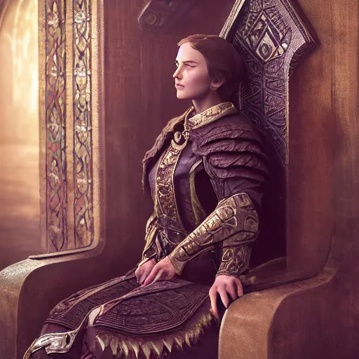 Image similar to the elder scrolls vi, charismatic regal brunette female jarl, portrait, throne room, atmospheric lighting, painted, intricate, volumetric lighting, beautiful, daytime, sunny weather, slight overcast, sharp focus, deep colours, ultra detailed, by leesha hannigan, ross tran, thierry doizon, kai carpenter, ignacio fernandez rios