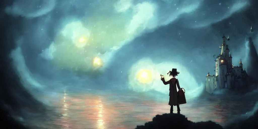 Image similar to a realistic and atmospheric cell - shaded concept art from howl's moving castle ( 2 0 0 4 ) of a multi - colored ufo in the air. a man with an umbrella is standing in a flooded city. it is a misty starry night. very dull muted colors, hd, 4 k, hq