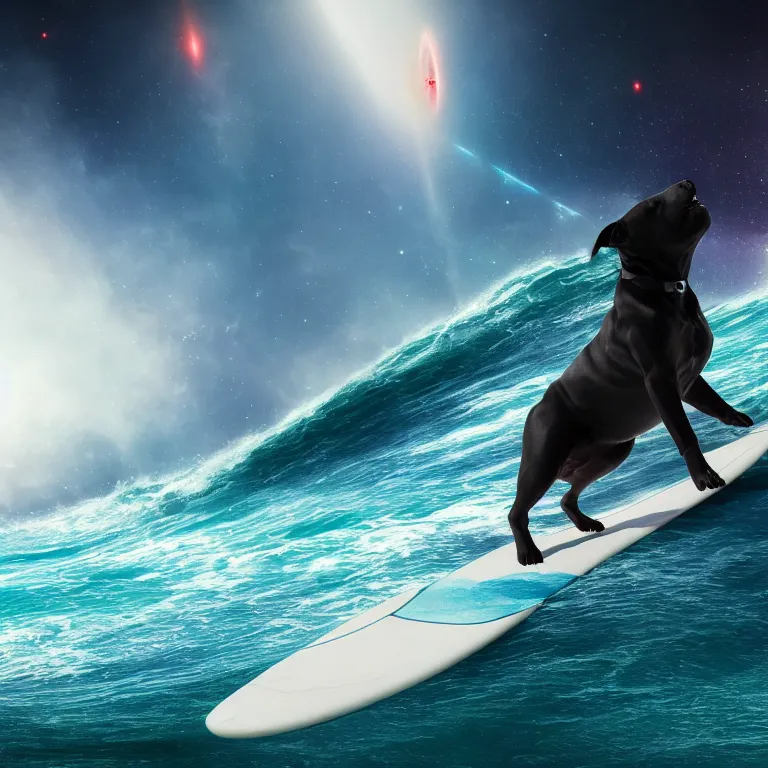 Image similar to photo of a female black coat pit bull with white paws, surfing on a surfboard in a crashing wave of alien ocean in space, background is an alien galaxy, aliens in the background, alien colors, octane render, unreal engine, wide view, 8 k, high detaild