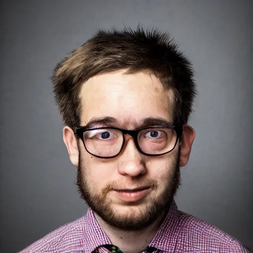 Image similar to portrait of the nerd guy, with cracked nose, pig ears, soyjack, front view, photography