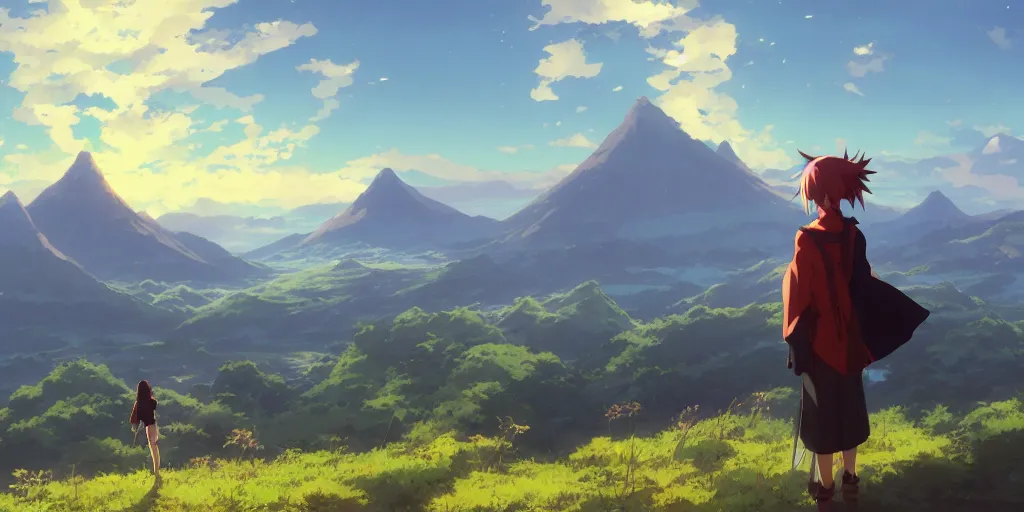 Prompt: anime character watching a landscape with mountains, sky is burning, hyperrealistic, trending on pixiv fanbox, painted by greg rutkowski makoto shinkai takashi takeuchi studio ghibli, akihiko yoshida