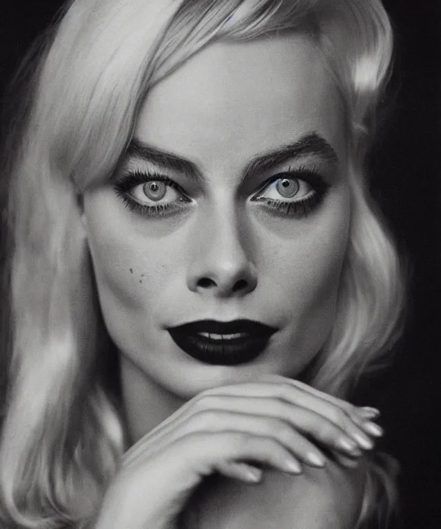 Prompt: a color photograph of margot robbie, by diane arbus, platinum blond, intense, bold, exaggerated, ultra sharp, extra details, ultra high quality, trending on pinteresst
