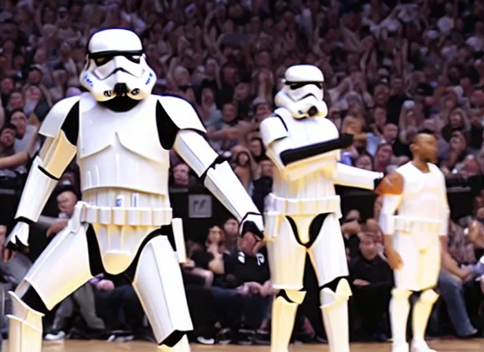 Image similar to ESPN still of Storm trooper playing in the nba playoffs live on espn, 4k