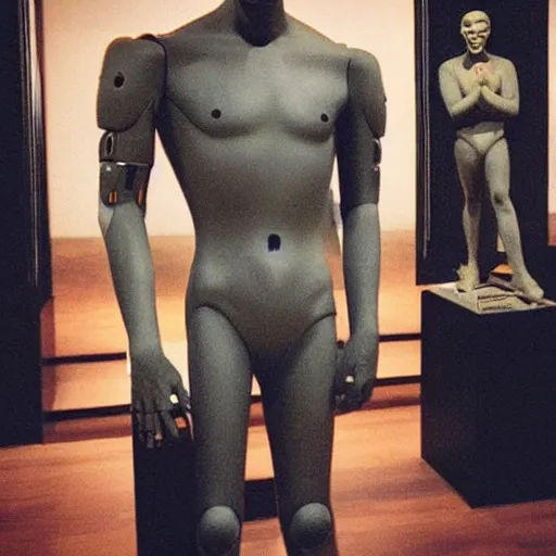 Image similar to “ a realistic detailed photo of a guy who is an attractive humanoid who is half robot and half humanoid, who is a male android, actor liam hemsworth, shiny skin, posing like a statue, blank stare, at the museum, on display ”