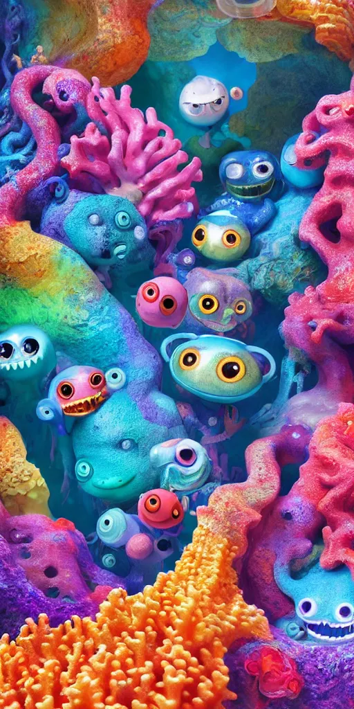 Image similar to of a colorful under water cave with strange cute friendly happy creatures with huge eyes, mouth, long tongue and round teeth appearing from sandy coral, in the style of gehry and gaudi, macro lens, shallow depth of field, ultra detailed, digital painting, trending artstation, concept art, illustration, cinematic lighting, photorealism, epic, octane render