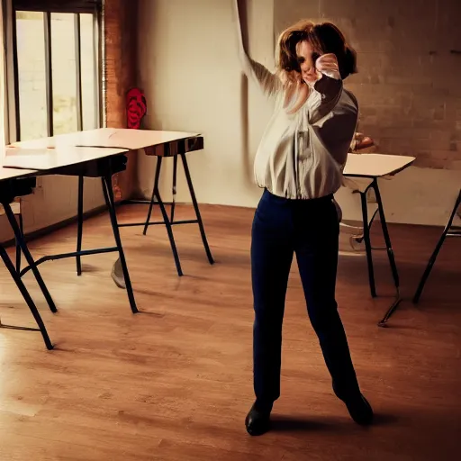 Image similar to film still of stylish girl dancing on school desk, tilted frame, 3 5 °, dutch angle, high quality, cinematography, award winning photo, focous