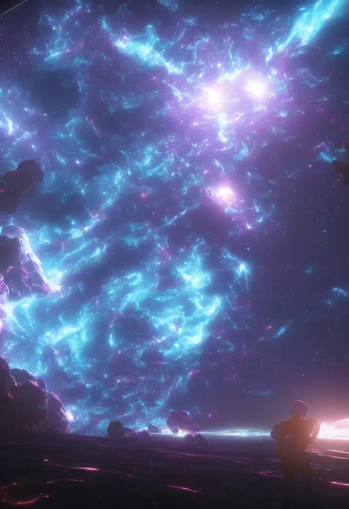 Prompt: a cosmic storm in space by makoto shinkai and moebius, 8k, volumetric lighting, unreal engine, vibrant colors