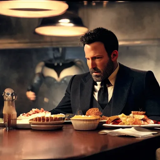 Image similar to A still of Ben Affleck's Batman eating at Denny's, 4k, photograph, ultra realistic, highly detailed, studio lighting