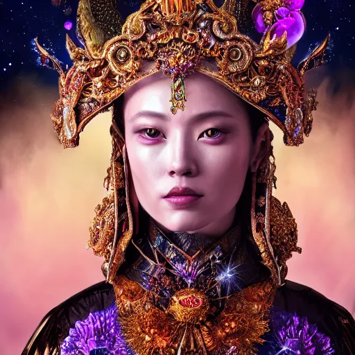 Image similar to a beautiful empress portrait, with a brilliant, impossible striking big cosmic galaxy headpiece, clothes entirely made out of cosmos chaos energy, symmetrical, dramatic studio lighting, rococo, baroque, jewels, asian, hyperrealism, closeup, D&D, fantasy, intricate, elegant, highly detailed, digital painting, artstation, octane render, 8k, concept art, matte, sharp focus, illustration, art by Artgerm and Greg Rutkowski and Alphonse Mucha