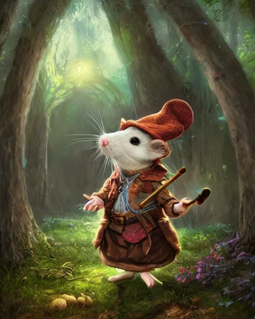 Image similar to Mouse playing Flute in magical forest, portrait, wearing hat, magical notes, fairy atmosphere, magic the gathering artwork, D&D, fantasy, cinematic lighting, centered, symmetrical, highly detailed, digital painting, artstation, concept art, smooth, sharp focus, illustration, volumetric lighting, epic Composition, 8k, art by Akihiko Yoshida and Greg Rutkowski and Craig Mullins, oil painting, cgsociety