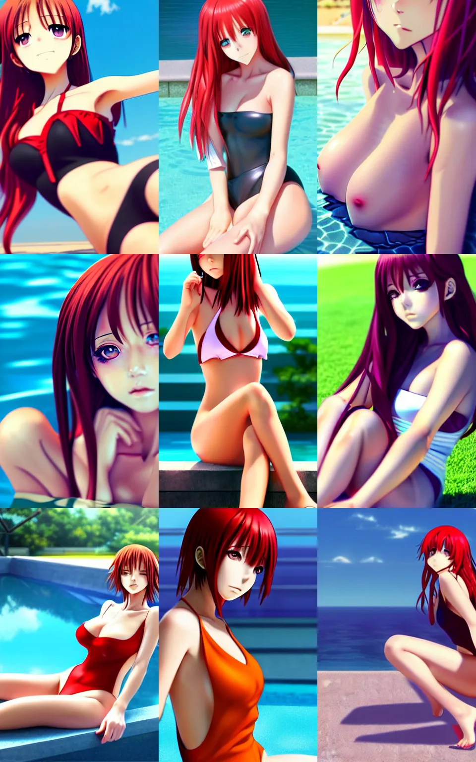 Prompt: beautiful anime girl, full body shot, sitting at the edge of pool, bare shoulders, one piece closed swimsuit monokini, long red hair, realistic anime face, artstation, fine details, kyoani, high resolution, 4k, digital painting by WLOP, octane render, photorealistic, composition, ultra realistic