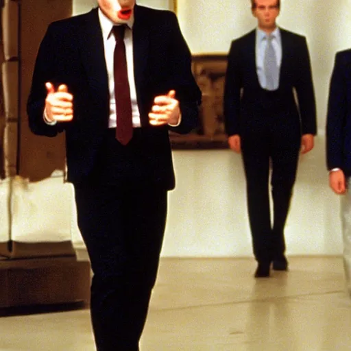 Prompt: Emmanuel Macron disguised as a macaron in American Psycho (1999)